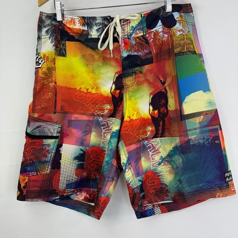 Billabong Vintage Board Shorts Mens 36 Embroidered  Graphic Skull Girl Tropical